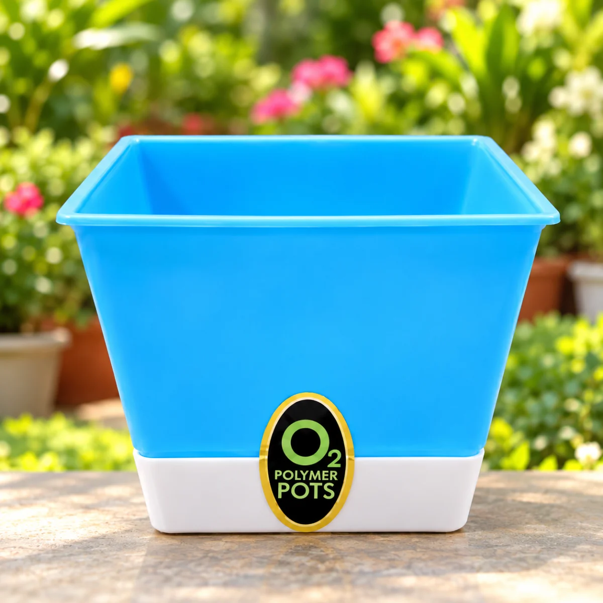 polymer pot o2 –( Blue-and-white-square-plastic-flower-pot)