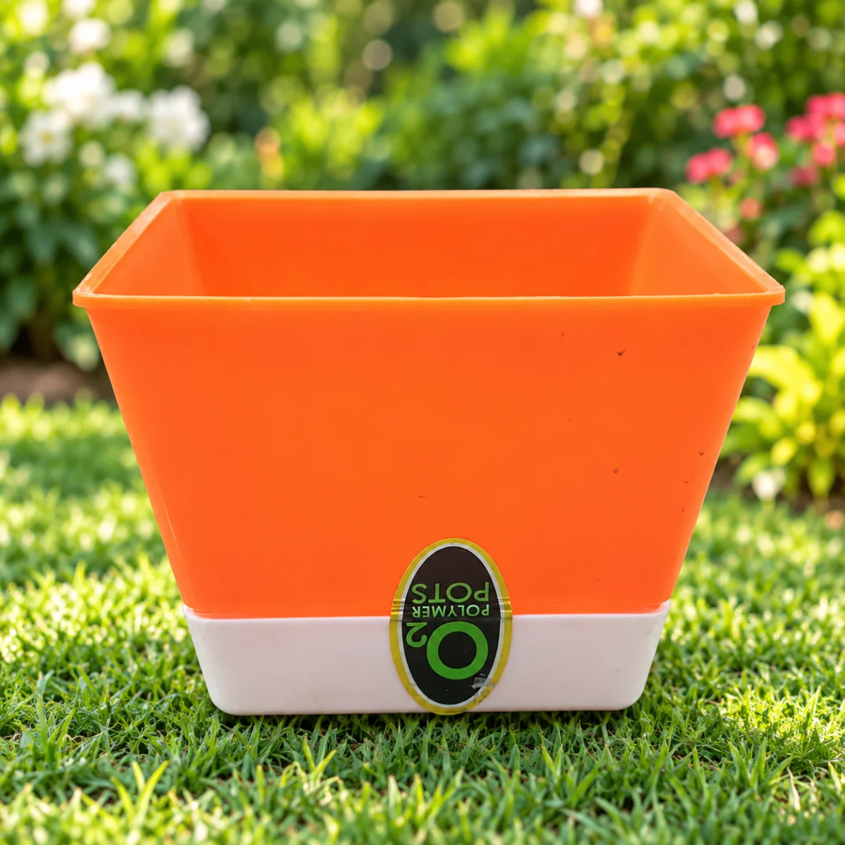 polymer pot o2 –( orange and white square plastic flower pot)